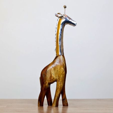 Handcrafted Mango Wood Giraffe Figurine Metal Decor