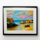 Handpainted Sunny Coastal Village Landscape with Boats