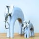 Silver Painted Elephant Figurines Carved Wooden Pair Of 2