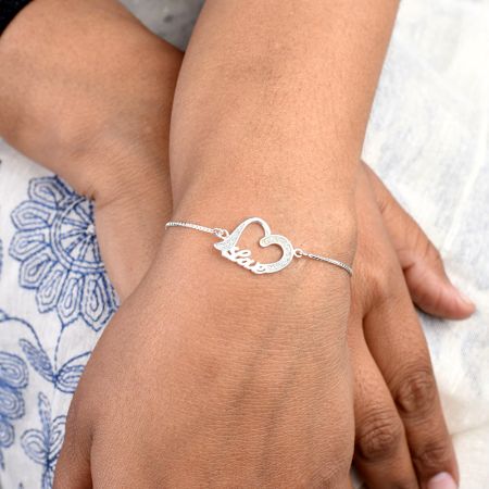 92.5 Sterling Silver Bracelet Adjustable With Heart Love Charm