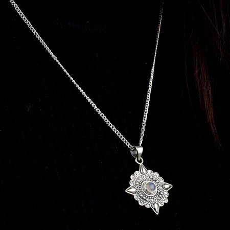 Round Engraved Grey Stone 92.5 Sterling Silver Pendant