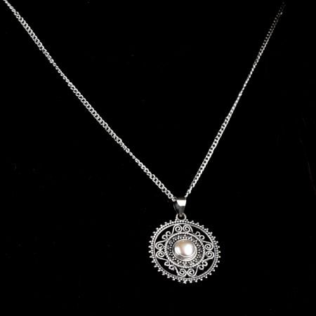 92.5 Sterling Silver Pearl in Round Engraved Pendant