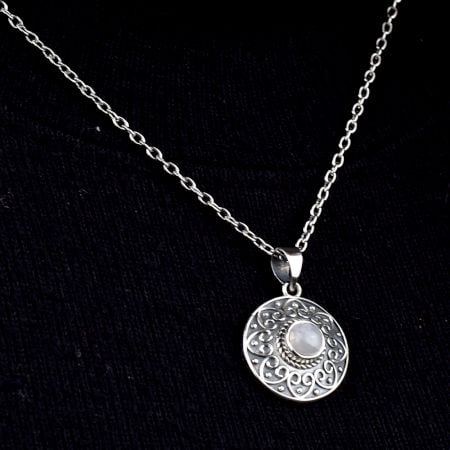 Round Grey Stone Engraved 92.5 Sterling S silver Pendant Jewelry