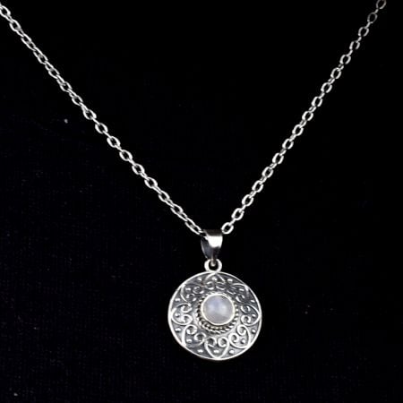 Round Grey Stone Engraved 92.5 Sterling S silver Pendant Jewelry