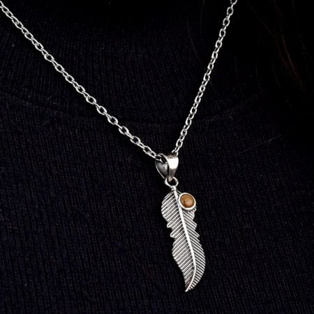 Brown Stone 92.5 Sterling Silver Feather Pendant