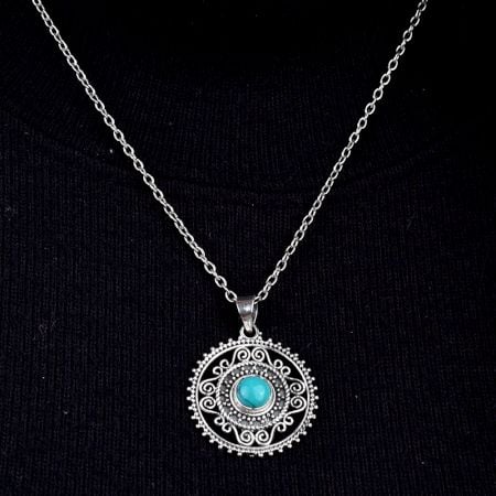 Round Engraved Blue Stone Sterling Silver Pendant