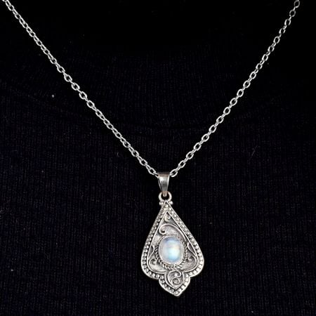 Moonstone Engraved Leaf 92.5 Sterling Silver Pendant