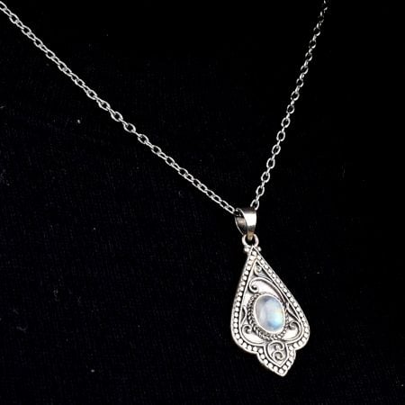 Moonstone Engraved Leaf 92.5 Sterling Silver Pendant