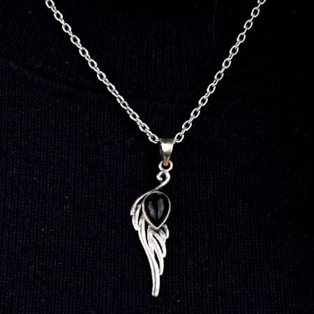 Black Stone Teardrop Feather Embedded 92.5 Sterling Silver Jewelry