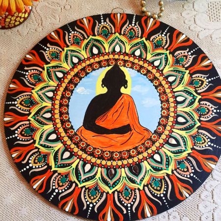 Handpainted Meditating Buddha Mandala Wooden Wall Art