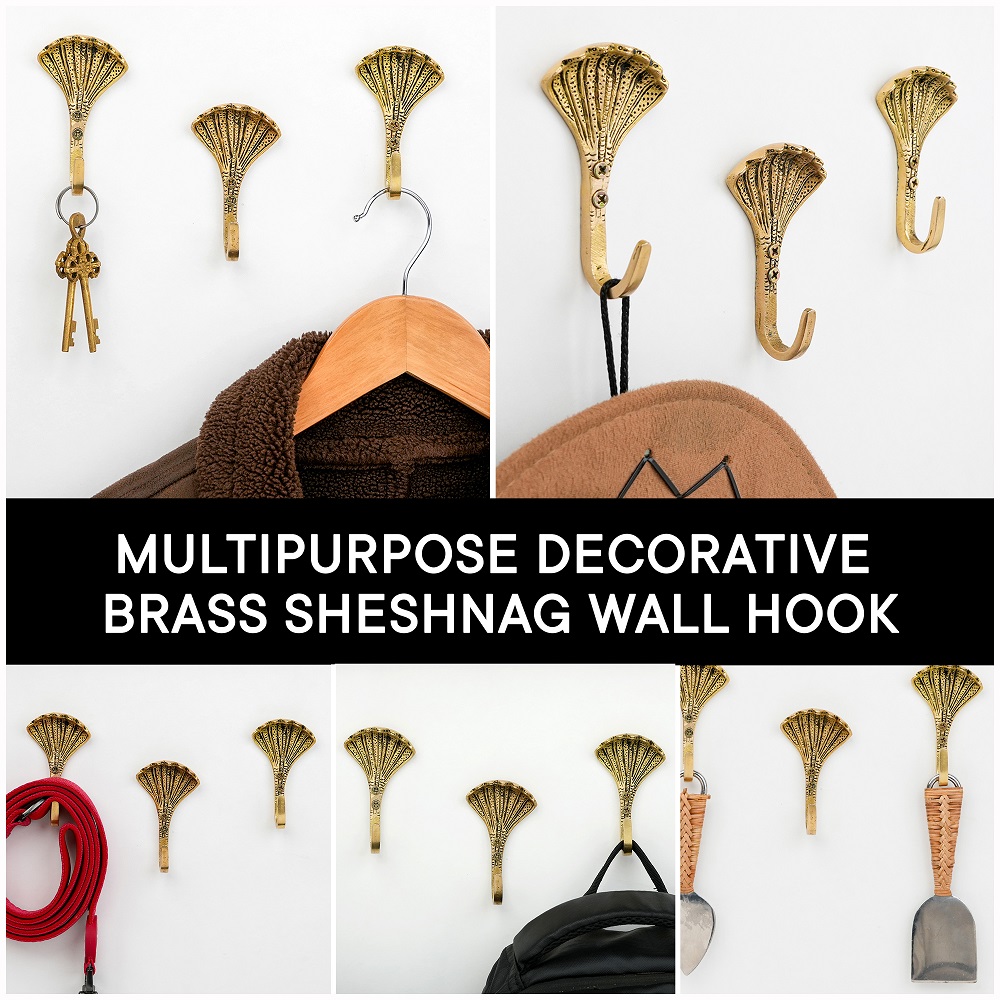 Handcrafted Brass Sheshnag Decorative Wall Hooks-3 Pieces