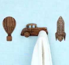 Wooden Adhesive Hot Air Balloon,Car And Rocket Shape Wall Hooks-Pack of 3