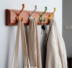 Handcrafted Wooden Wall Hook Rack with 4 Colorful Metal Hooks Adhesive+(Screw)