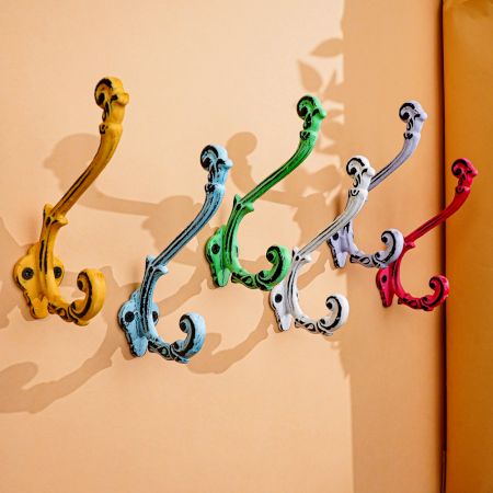 6 Pieces Multicolor Double Prong Iron Decorative Wall Hooks