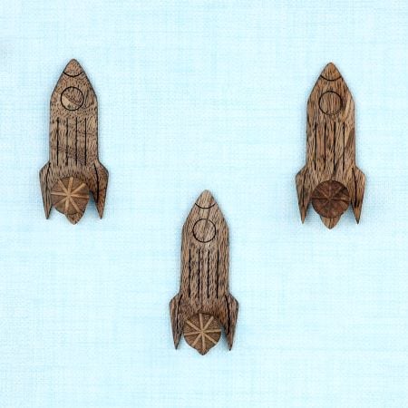 Natural Wooden Adhesive Rocket Shape Coat Wall Hook-Pack of 3