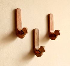 Natural Bird Shape Wooden Adheshive Wall Hook-Pack of 3