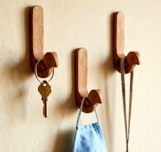Natural Bird Shape Wooden Adheshive Wall Hook-Pack of 3