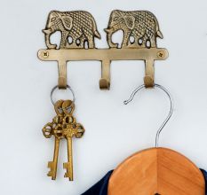 Golden Brass Two Elephant Wall Hook