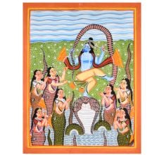 Lord Krishna Dancing on Kaliya Serpent in Traditional Kalighat Art by Artist Sahajan Chitrakar