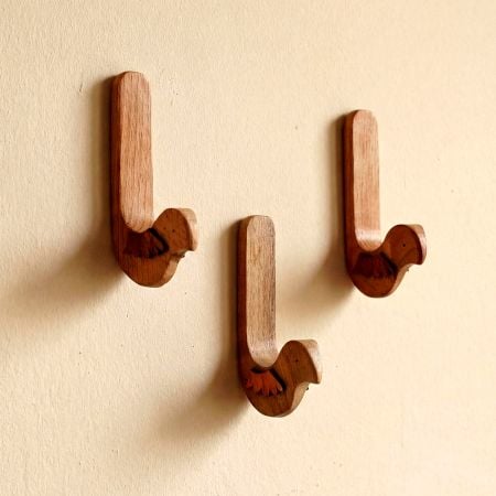 Natural Bird Shape Wooden Adheshive Wall Hook-Pack of 3