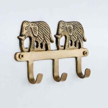 Golden Brass Two Elephant Wall Hook