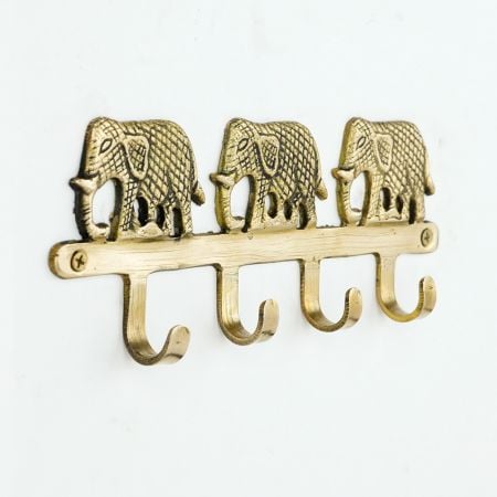 Golden Brass Three Elephant Wall Hook