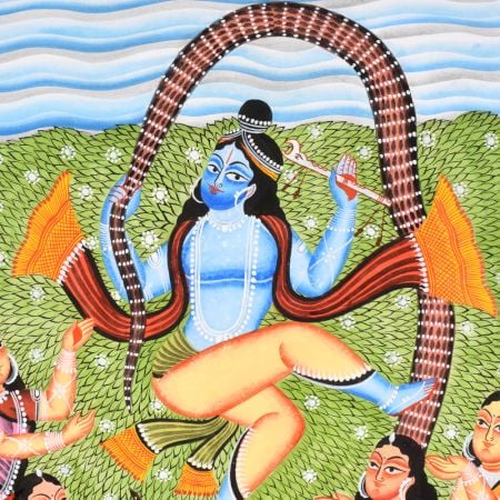 Lord Krishna Dancing on Kaliya Serpent in Traditional Kalighat Art