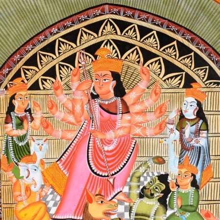 Cloth and Paper Kalighat Painting of Goddess Durga Slaying Mahishasura