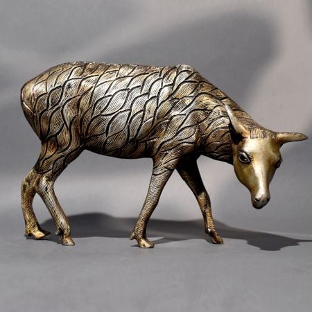 Textured Brass Grazing Cow Handcrafted Sculpture
