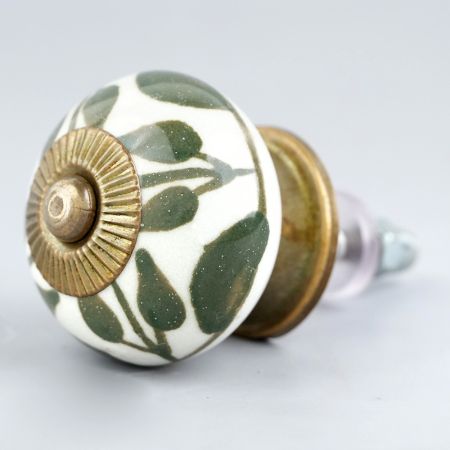 Old Green Floral Ceramic Knob