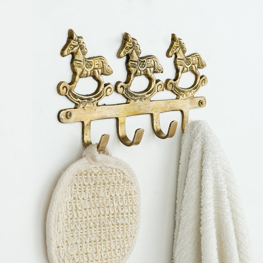 Vintage Brass Rocking Horse Wall Hook Rack | 4-Hook Decorative Key & Towel Holder