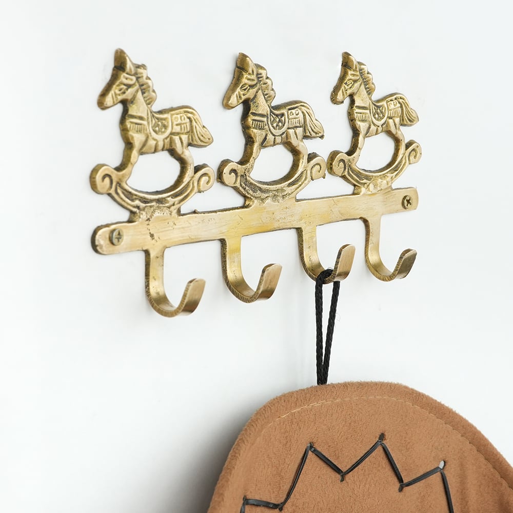 Vintage Brass Rocking Horse Wall Hook Rack | 4-Hook Decorative Key & Towel Holder