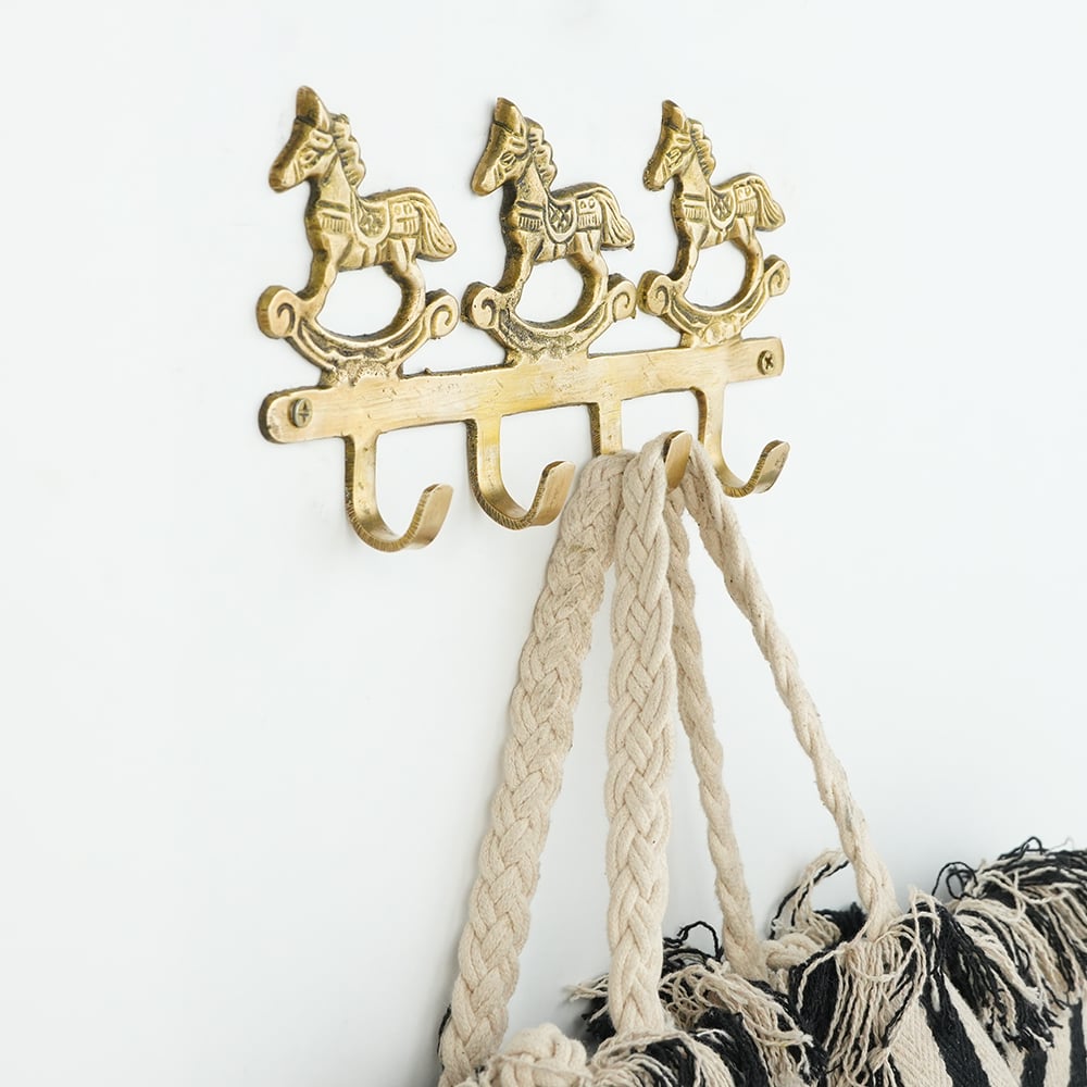 Vintage Brass Rocking Horse Wall Hook Rack | 4-Hook Decorative Key & Towel Holder