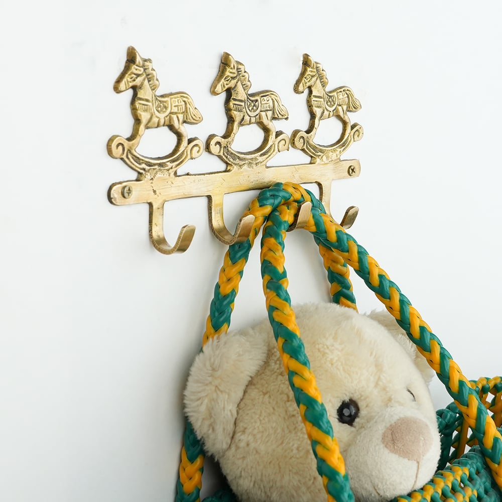Vintage Brass Rocking Horse Wall Hook Rack | 4-Hook Decorative Key & Towel Holder