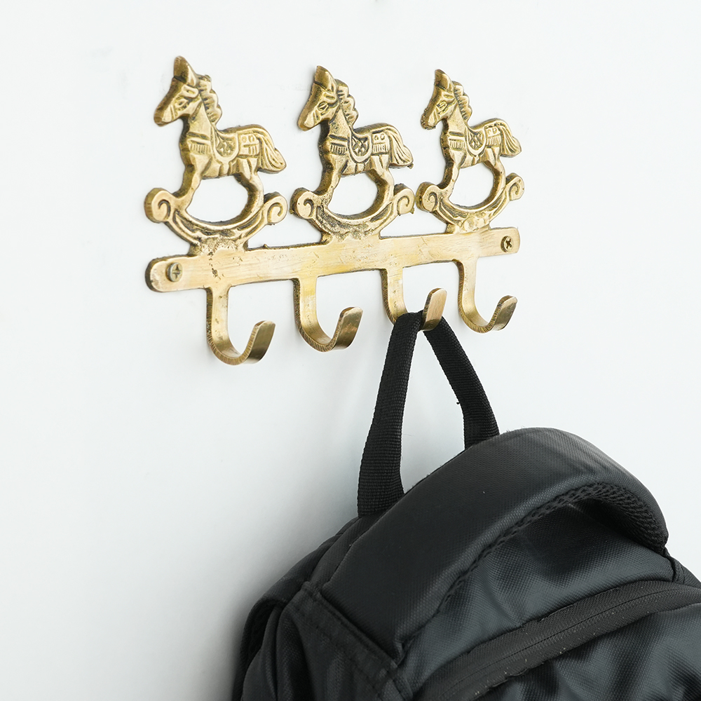 Vintage Brass Rocking Horse Wall Hook Rack | 4-Hook Decorative Key & Towel Holder