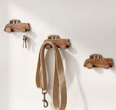 Natural Wooden Adhesive Car Design Wall Hooks-3 Pieces