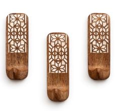3 Pieces Wooden Handmade Brown And White Adhesive Wall Hooks