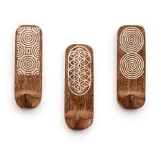 3 Pieces Designer Wooden Adhesive Wall Hooks With Geometric Patterns