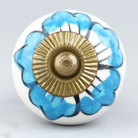 White Turquoise Floral Painted Knob