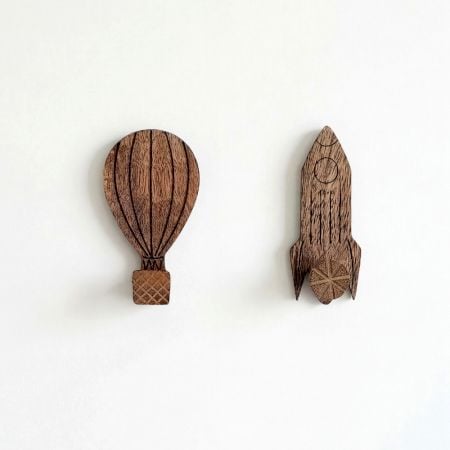 Wooden Adhesive Hot Air Balloon And Rocket Shape Wall Hooks-Pack of 2