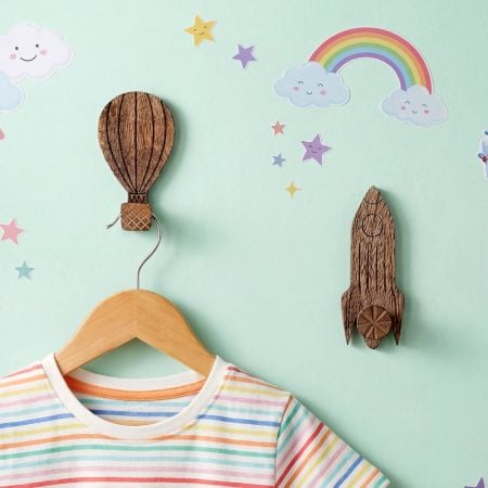 Wooden Adhesive Hot Air Balloon And Rocket Shape Wall Hooks-Pack of 2
