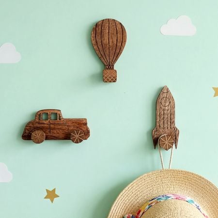 Wooden Adhesive Hot Air Balloon,Car And Rocket Shape Wall Hooks-Pack of 3