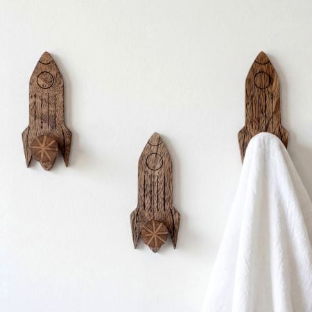 Natural Wooden Adhesive Rocket Shape Coat Wall Hook-Pack of 3