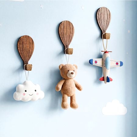 Wooden Adhesive Hot Air Balloon Shape Wall Hooks-3 Pieces