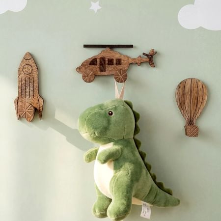 Handmade Adhesive Wooden Wall Hook Set – Rocket, Helicopter & Hot Air Balloon-3 Pieces