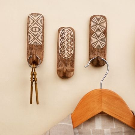 3 Pieces Designer Wooden Adhesive Wall Hooks With Geometric Patterns