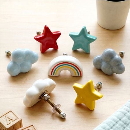 Multicolor Kids Theme Star,Cloud and Rainbow Ceramic Drawer Knobs