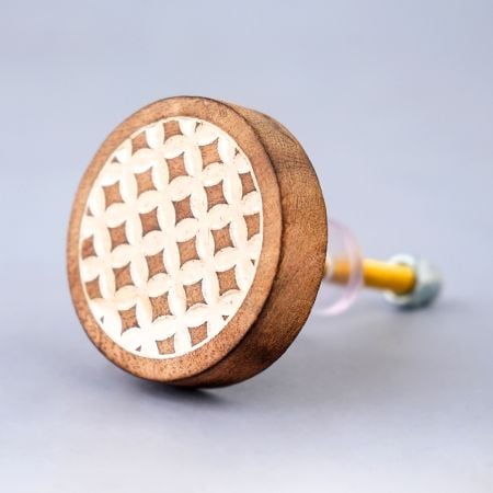 Handcrafted Wooden Cabinet Knob with Carved Geometric Pattern