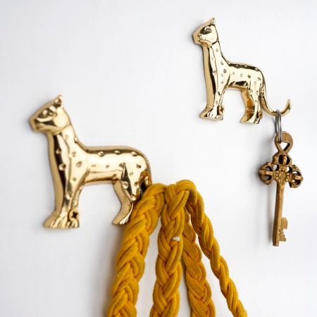 2 Pieces Decorative Handmade Golden Leopard Design Brass Wall Hook