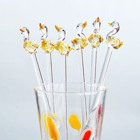 Handcrafted Glass Bird Design Cocktail Stirrers Or Swizzle Sticks In Pack Of 6